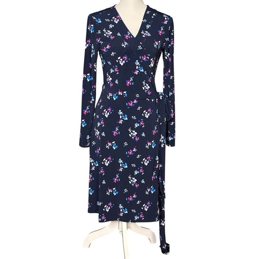 New Banana Republic Factory Wrap Dress Size Medium Floral Blue Long Sleeve Work - Picture 2 of 11